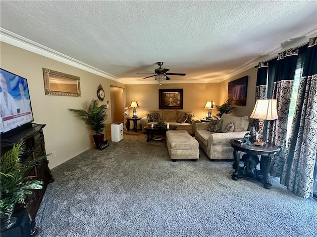 1712 Southdale Dr, Mattoon, IL 61938 - living room with a textured ceiling, carpet, a ceiling fan, and ornamental molding
