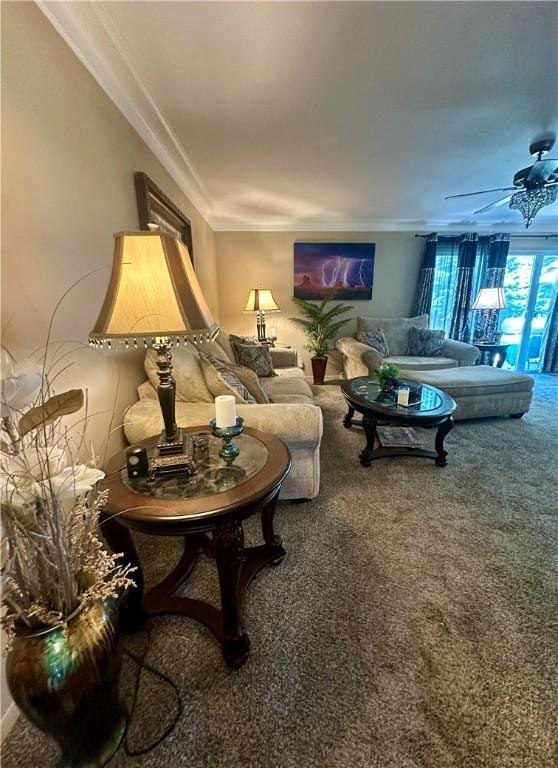 1712 Southdale Dr, Mattoon, IL 61938 - carpeted living room with crown molding and a ceiling fan