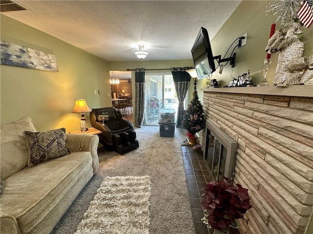 1712 Southdale Dr, Mattoon, IL 61938 - carpeted living area featuring a textured ceiling, a glass covered fireplace, and a chandelier