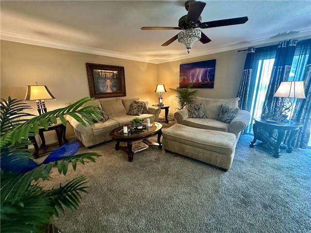 1712 Southdale Dr, Mattoon, IL 61938 - living room featuring carpet floors, ornamental molding, and a ceiling fan
