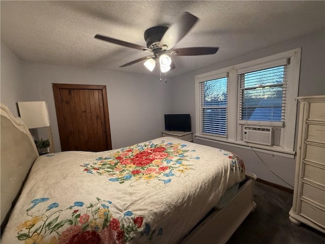 bedroom featuring a textured ceiling, ceiling fan, and cooling unit