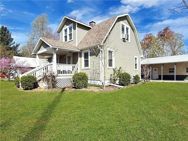view of side of home featuring a porch, a lawn, a chimney, cooling unit, and roof with shingles