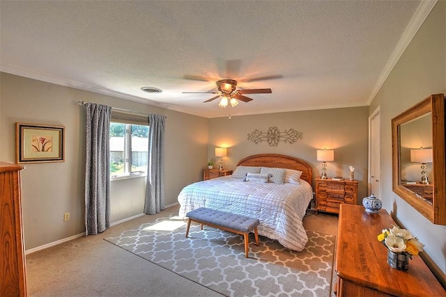 95 Hickory Point Ct, Forsyth, IL 62535 - bedroom featuring crown molding, a textured ceiling, carpet flooring, and ceiling fan