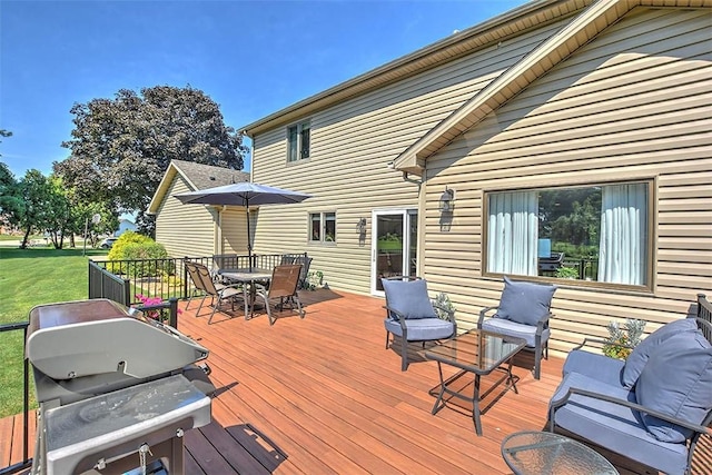 95 Hickory Point Ct, Forsyth, IL 62535 - deck with outdoor dining area, a grill, a yard, and an outdoor living space
