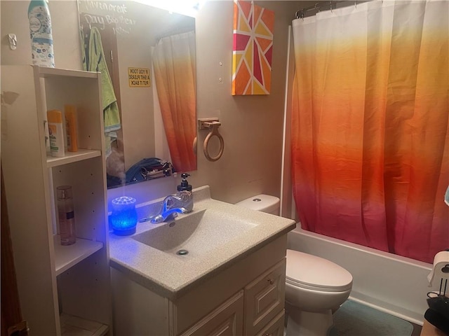 full bathroom featuring vanity, shower / bathtub combination with curtain, and toilet