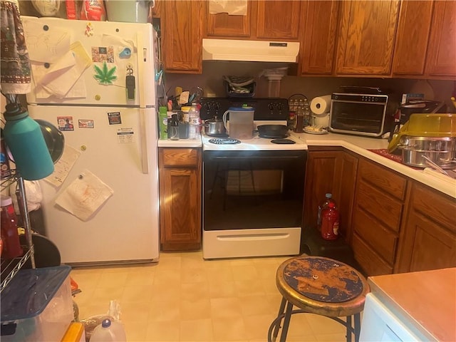 kitchen featuring white refrigerator and range with electric stovetop