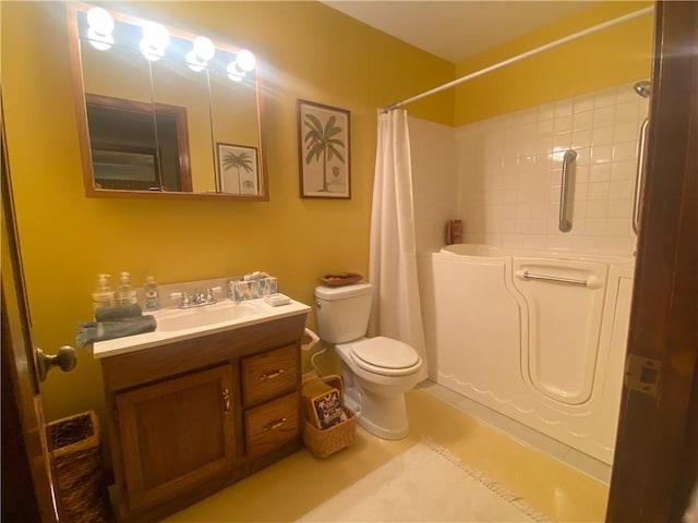 303 S Pine St, Pana, IL 62557 - bathroom with toilet, vanity, tile patterned floors, a shower with shower curtain, and a bathtub