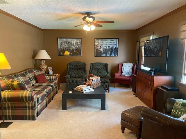 303 S Pine St, Pana, IL 62557 - living room with light colored carpet, ceiling fan, and ornamental molding