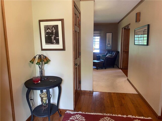 303 S Pine St, Pana, IL 62557 - hallway featuring ornamental molding, wood finished floors, and baseboards