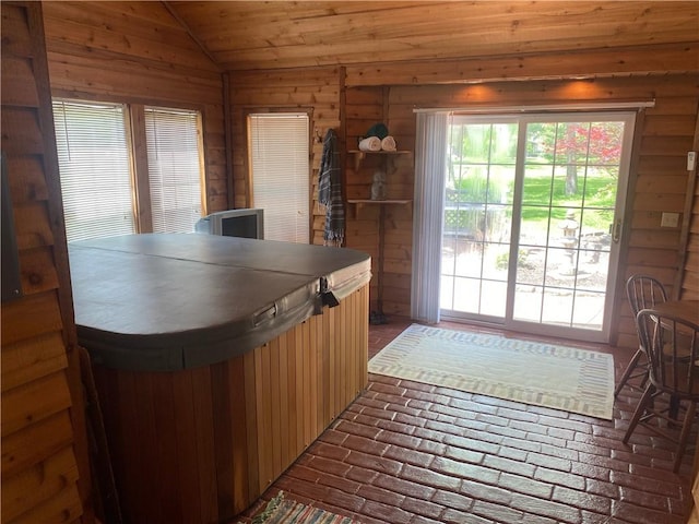 303 S Pine St, Pana, IL 62557 - office area featuring brick flooring, vaulted ceiling, wooden walls, and wood ceiling