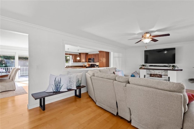 309 Santa Barbara Dr, Effingham, IL 62401 - living room with light wood-type flooring, a ceiling fan, and crown molding