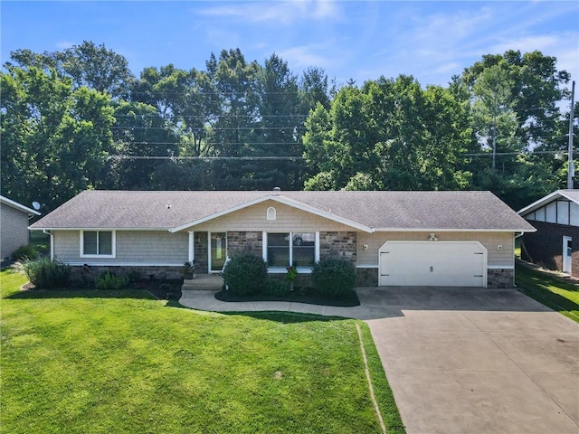 309 Santa Barbara Dr, Effingham, IL 62401 - ranch-style house with stone siding, driveway, a garage, and a front lawn