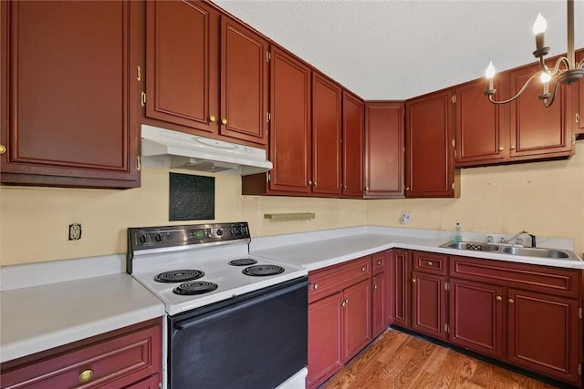 2701 E Rd, Danville, IL 61832 - kitchen with range with electric cooktop, under cabinet range hood, light countertops, and light wood finished floors