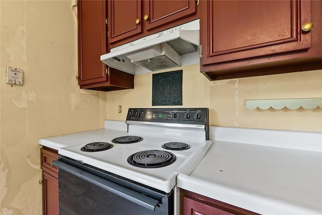 2701 E Rd, Danville, IL 61832 - kitchen with white range with electric stovetop, under cabinet range hood, and light countertops