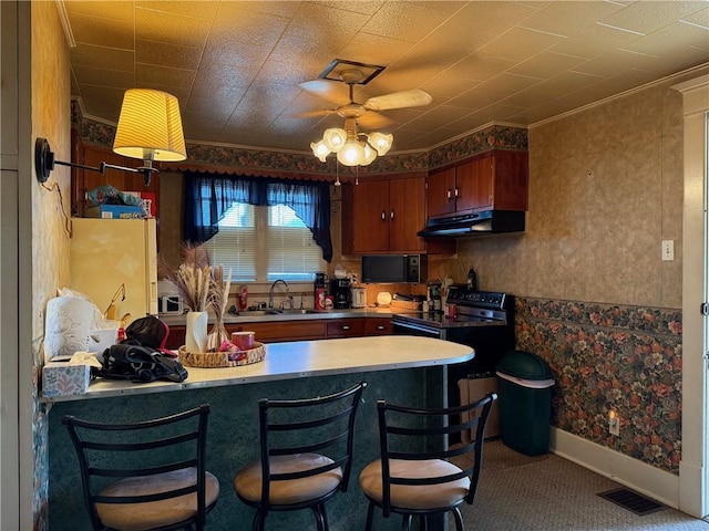 kitchen with light countertops, under cabinet range hood, a sink, visible vents, and a peninsula