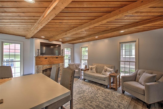 2064 William St, Decatur, IL 62522 - living room with a fireplace, wood finished floors, recessed lighting, and wooden ceiling with exposed beams