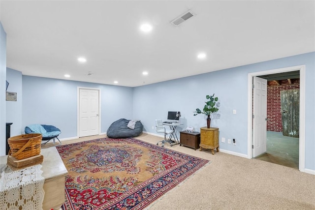 sitting room with visible vents, recessed lighting, carpet, and baseboards