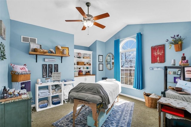 bedroom with visible vents, ceiling fan, baseboards, vaulted ceiling, and carpet flooring