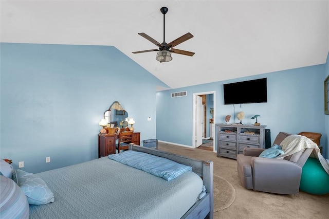 bedroom with visible vents, high vaulted ceiling, a ceiling fan, and carpet floors