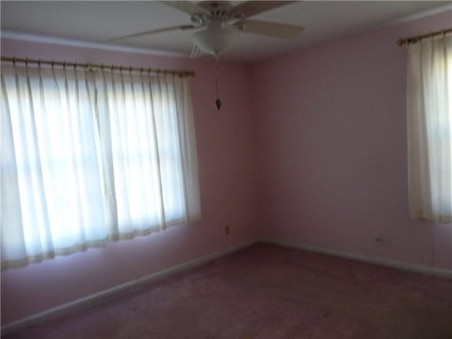 carpeted empty room with plenty of natural light and ceiling fan