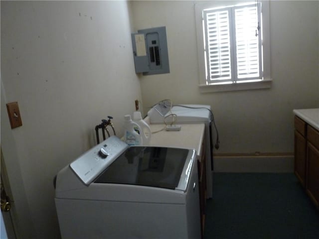 laundry area with washing machine and clothes dryer and electric panel