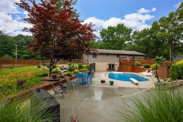 14480 N 1025th St, Effingham, IL 62401 - view of pool featuring stairs, a deck, a fenced backyard, a diving board, and a patio