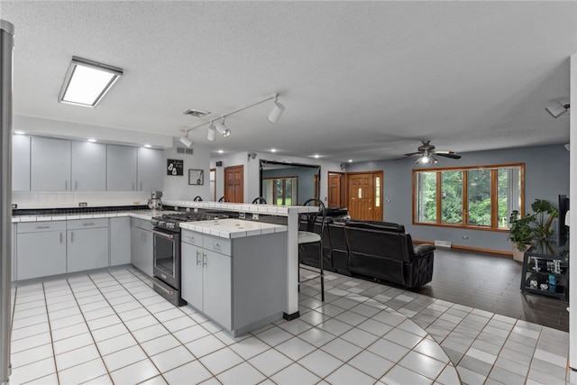 14480 N 1025th St, Effingham, IL 62401 - kitchen featuring stainless steel gas stove, a peninsula, a breakfast bar, and tile countertops