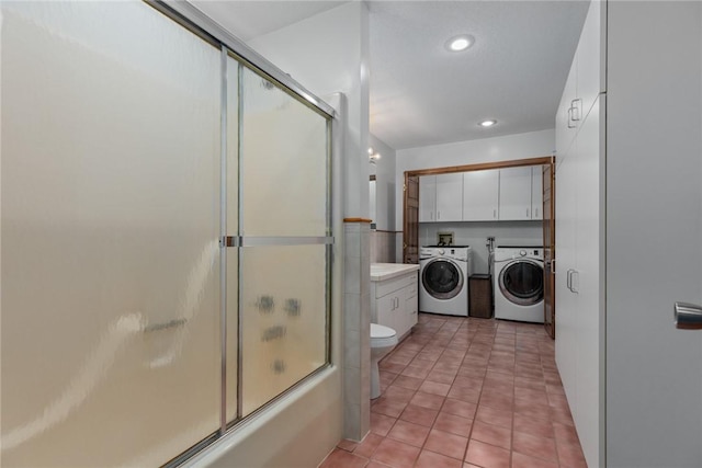 14480 N 1025th St, Effingham, IL 62401 - full bathroom featuring washing machine and clothes dryer, combined bath / shower with glass door, recessed lighting, and tile patterned flooring