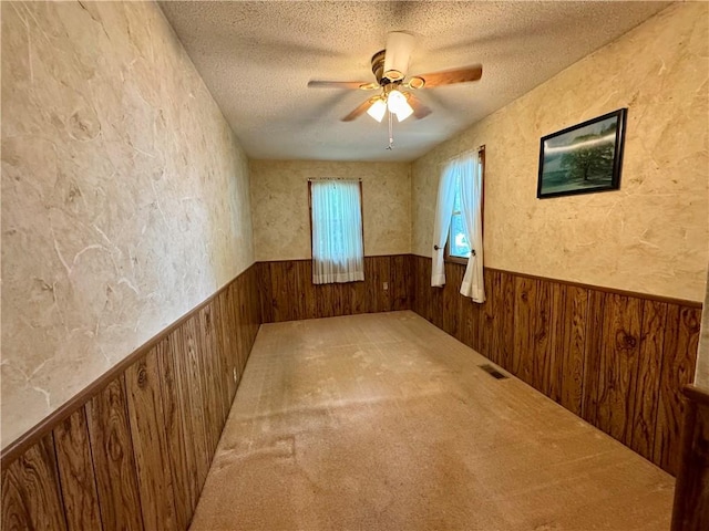 3475 Lake Paradise Rd, Mattoon, IL 61938 - carpeted empty room with wainscoting, a textured ceiling, ceiling fan, and wooden walls