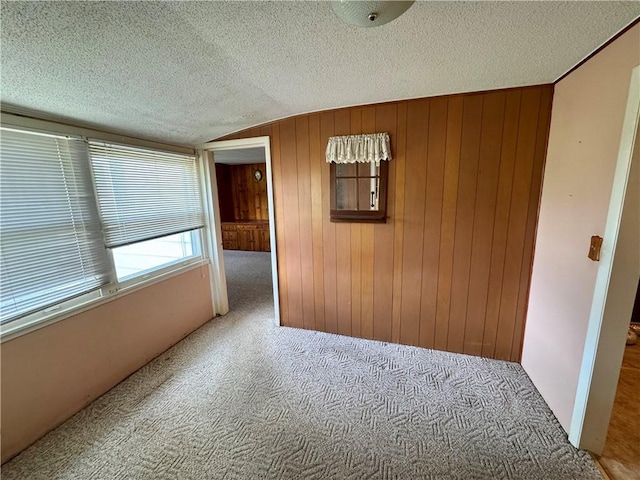 3475 Lake Paradise Rd, Mattoon, IL 61938 - corridor with carpet, a textured ceiling, vaulted ceiling, and wood walls