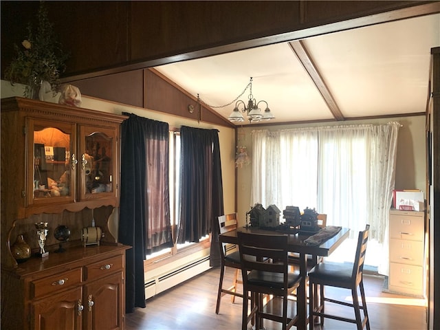 dining space with vaulted ceiling with beams, a baseboard radiator, dark wood finished floors, and an inviting chandelier