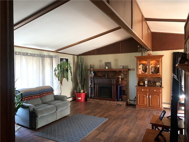 living room featuring a fireplace with raised hearth, dark wood-type flooring, baseboard heating, and vaulted ceiling with beams