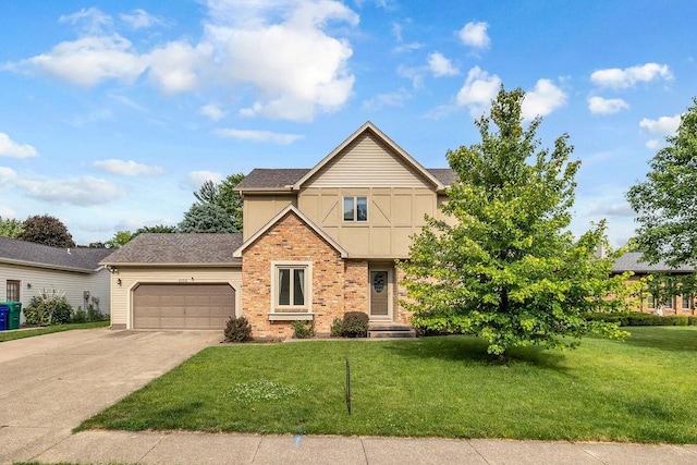4554 Nicklaus Ct, Decatur, IL 62526 - view of front of home with a garage, brick siding, a front yard, concrete driveway, and a shingled roof