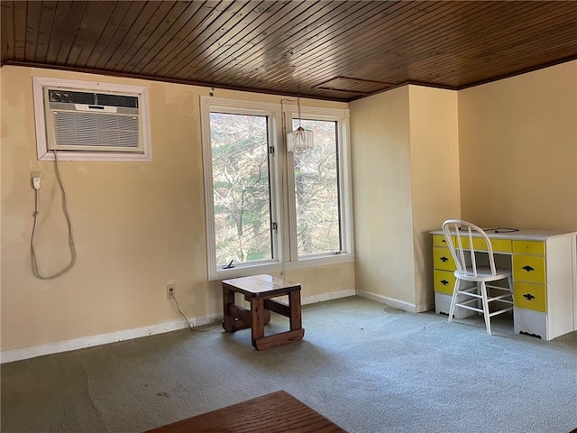 misc room featuring an AC wall unit, crown molding, carpet, and wood ceiling