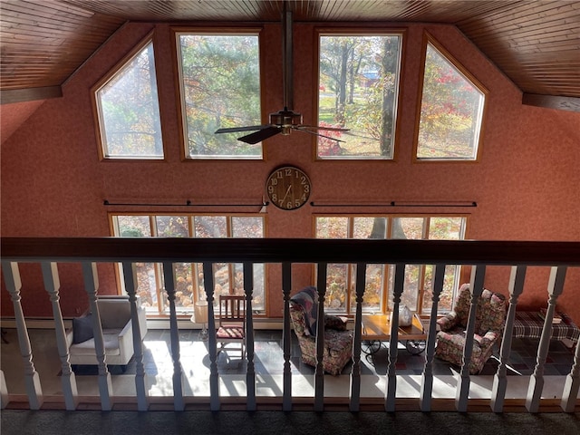 interior details featuring ceiling fan, wooden ceiling, and a baseboard radiator