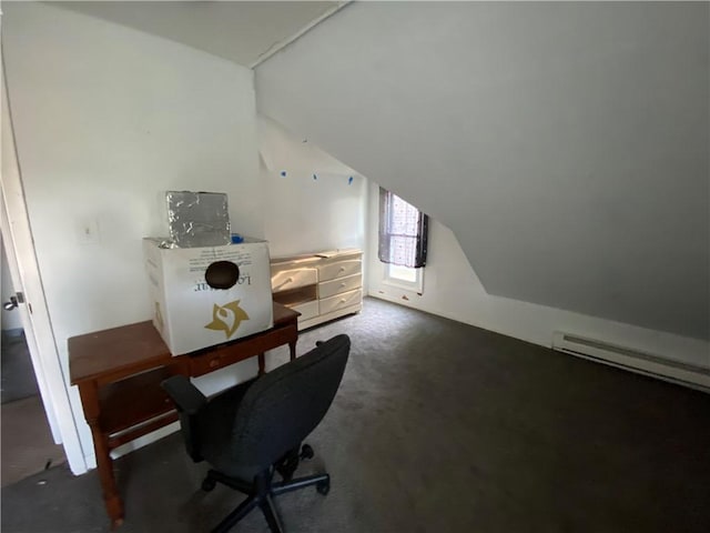 1105 Edgar Ave, Mattoon, IL 61938 - office area with vaulted ceiling, carpet flooring, and a baseboard heating unit