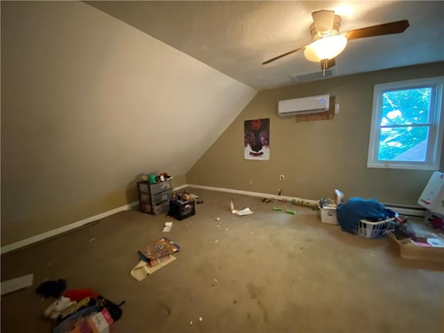 1105 Edgar Ave, Mattoon, IL 61938 - additional living space featuring a wall unit AC, vaulted ceiling, ceiling fan, carpet flooring, and a baseboard radiator