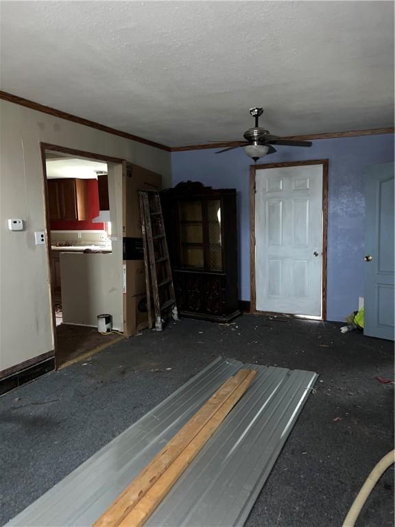 1010 S Jones St, Robinson, IL 62454 - unfurnished living room featuring ceiling fan, ornamental molding, and a textured ceiling