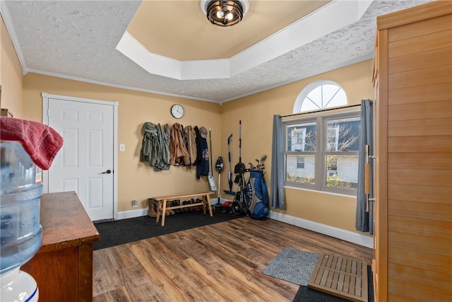 foyer entrance with a tray ceiling, dark wood-type flooring, a textured ceiling, and ornamental molding