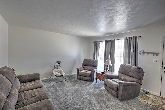 carpeted living room with a textured ceiling