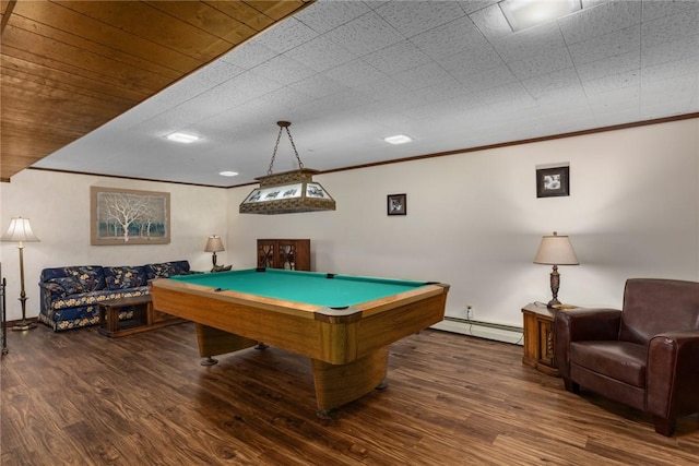 rec room featuring a baseboard heating unit, ornamental molding, wood finished floors, and pool table