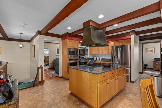 kitchen with backsplash, island exhaust hood, beam ceiling, and stainless steel appliances