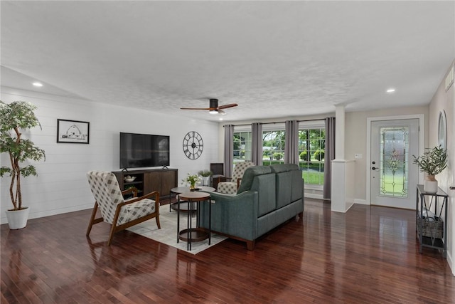 100 Pine Dr, Effingham, IL 62401 - living room with wood finished floors, baseboards, recessed lighting, and a ceiling fan