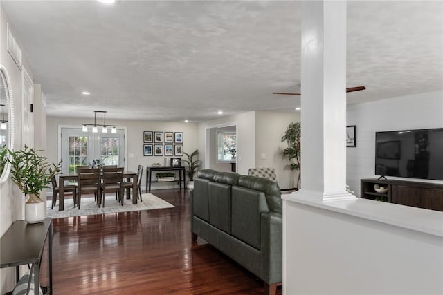100 Pine Dr, Effingham, IL 62401 - living room with decorative columns, dark wood-type flooring, and recessed lighting