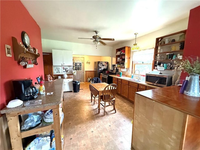 1953 E 4200 N Rd, Rankin, IL 60960 - kitchen with appliances with stainless steel finishes, open shelves, a ceiling fan, pendant lighting, and light floors