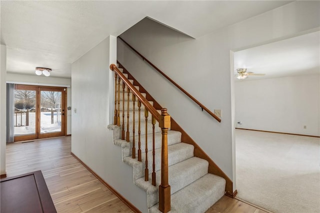 stairway featuring hardwood / wood-style floors and ceiling fan