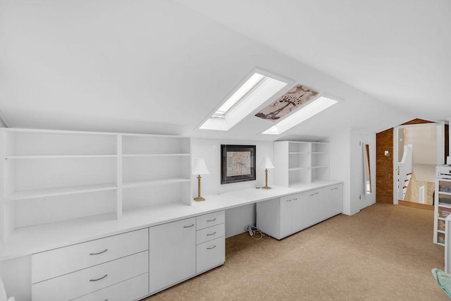 530 Powers Ln, Decatur, IL 62522 - unfurnished office with vaulted ceiling, a skylight, built in study area, and light carpet