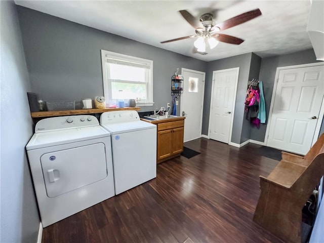 201 N York St, Martinsville, IL 62442 - washroom with cabinet space, separate washer and dryer, dark wood-style flooring, a ceiling fan, and baseboards