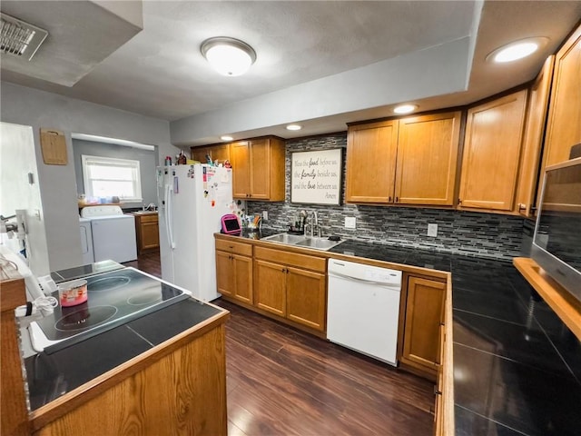 201 N York St, Martinsville, IL 62442 - kitchen with white appliances, tile countertops, a sink, decorative backsplash, and brown cabinets