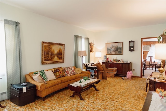 living room featuring carpet flooring and an AC wall unit